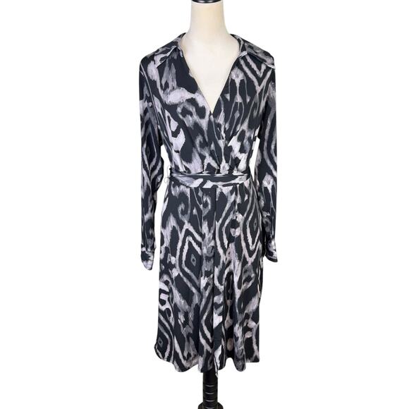 Lane Bryant NWT Black Gray Ikat Print Long Sleeve V-neck Mini Faux Wrap Dress - Picture 1 of 12